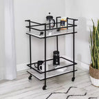 Carrito bar con ruedas de 2 niveles – Cubierta de imitación mármol, estructura de acero, negro, 2 estantes fijos