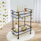 Carrito bar con ruedas de 2 niveles – Cubierta de imitación mármol, estructura de acero, negro, 2 estantes fijos