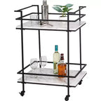 Carrito bar con ruedas de 2 niveles – Cubierta de imitación mármol, estructura de acero, negro, 2 estantes fijos
