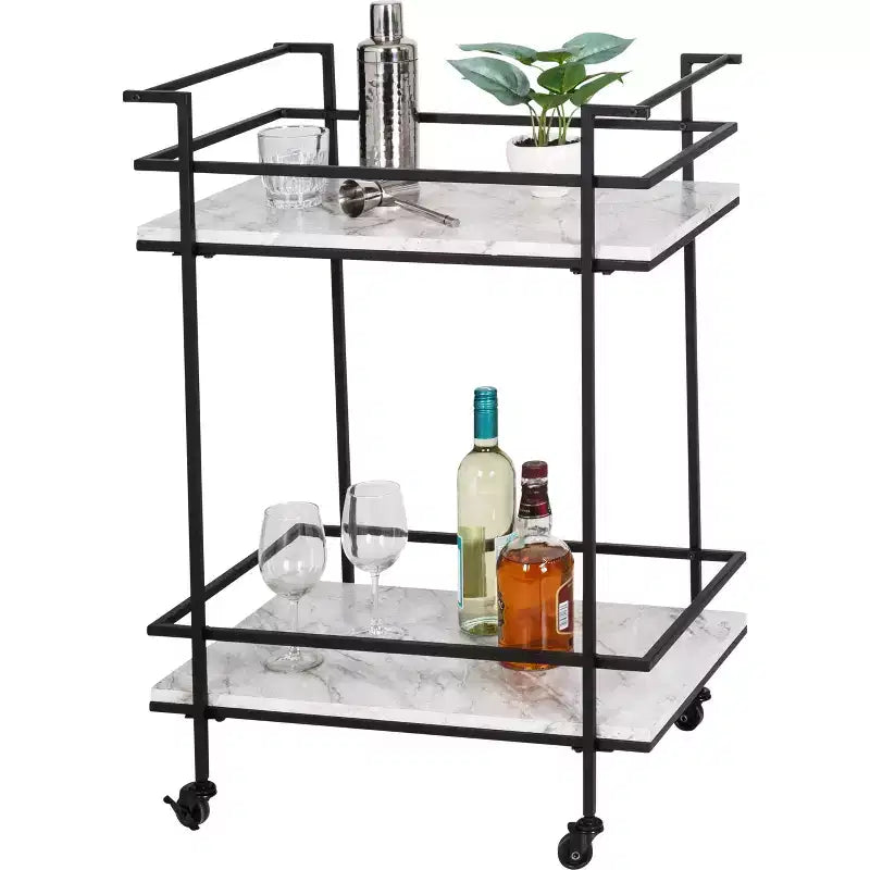 Carrito bar con ruedas de 2 niveles – Cubierta de imitación mármol, estructura de acero, negro, 2 estantes fijos