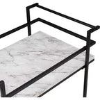 Carrito bar con ruedas de 2 niveles – Cubierta de imitación mármol, estructura de acero, negro, 2 estantes fijos