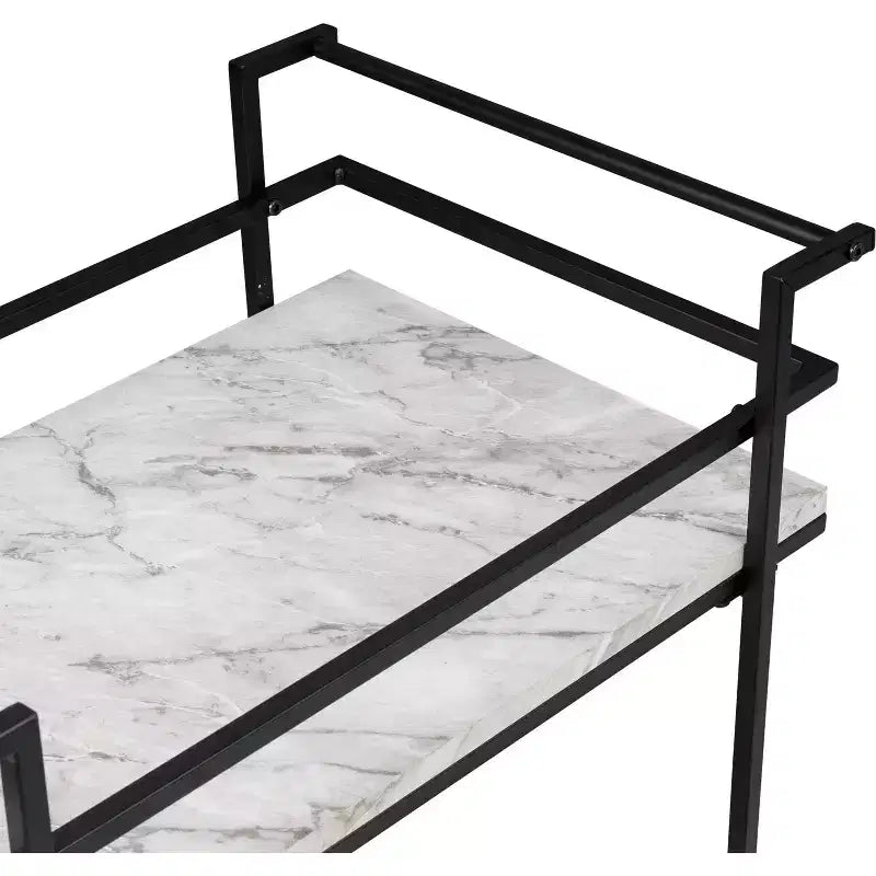Carrito bar con ruedas de 2 niveles – Cubierta de imitación mármol, estructura de acero, negro, 2 estantes fijos