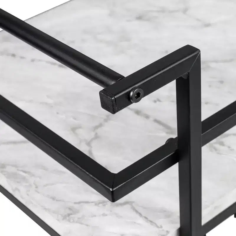 Carrito bar con ruedas de 2 niveles – Cubierta de imitación mármol, estructura de acero, negro, 2 estantes fijos