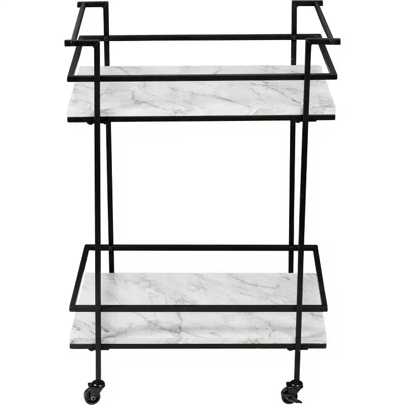 Carrito bar con ruedas de 2 niveles – Cubierta de imitación mármol, estructura de acero, negro, 2 estantes fijos