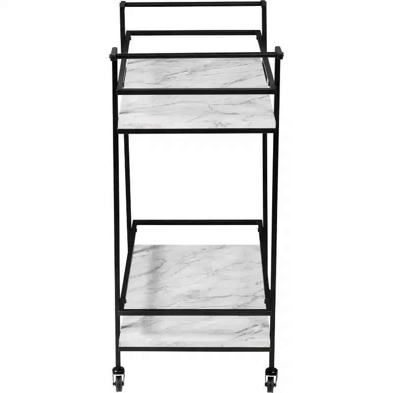 Carrito bar con ruedas de 2 niveles – Cubierta de imitación mármol, estructura de acero, negro, 2 estantes fijos