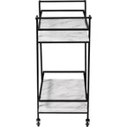 Carrito bar con ruedas de 2 niveles – Cubierta de imitación mármol, estructura de acero, negro, 2 estantes fijos