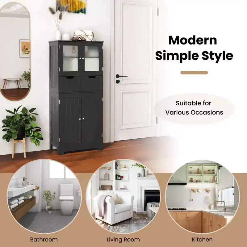 Mueble de Almacenamiento para Baño con 2 Cajones, Puertas de Vidrio, Blanco/Gris/Negro