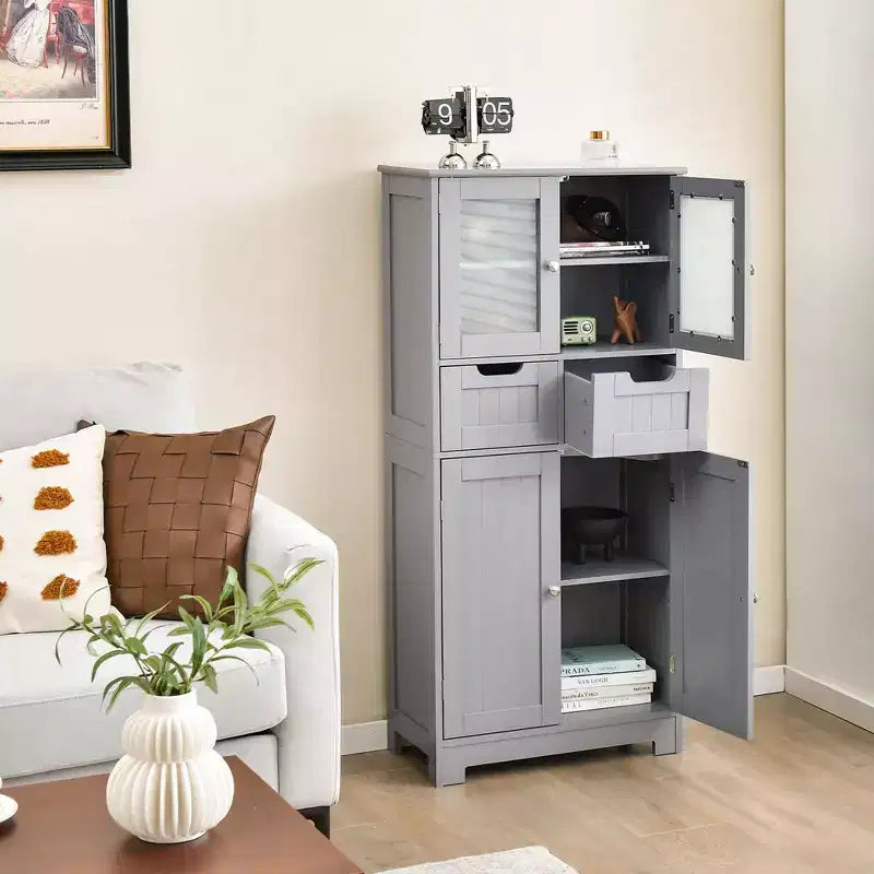 Mueble de Almacenamiento para Baño con 2 Cajones, Puertas de Vidrio, Blanco/Gris/Negro