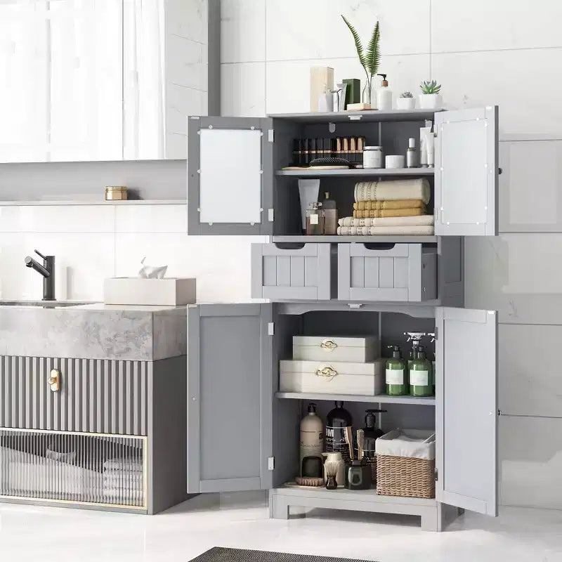 Mueble de Almacenamiento para Baño con 2 Cajones, Puertas de Vidrio, Blanco/Gris/Negro
