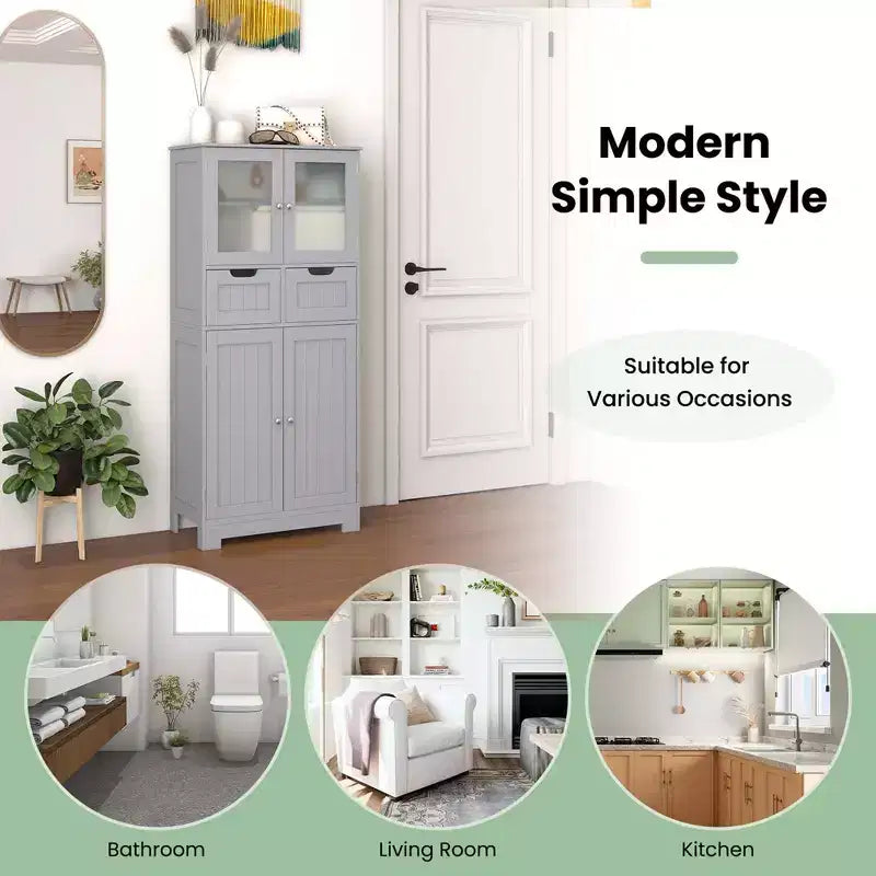 Mueble de Almacenamiento para Baño con 2 Cajones, Puertas de Vidrio, Blanco/Gris/Negro