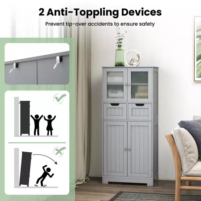 Mueble de Almacenamiento para Baño con 2 Cajones, Puertas de Vidrio, Blanco/Gris/Negro