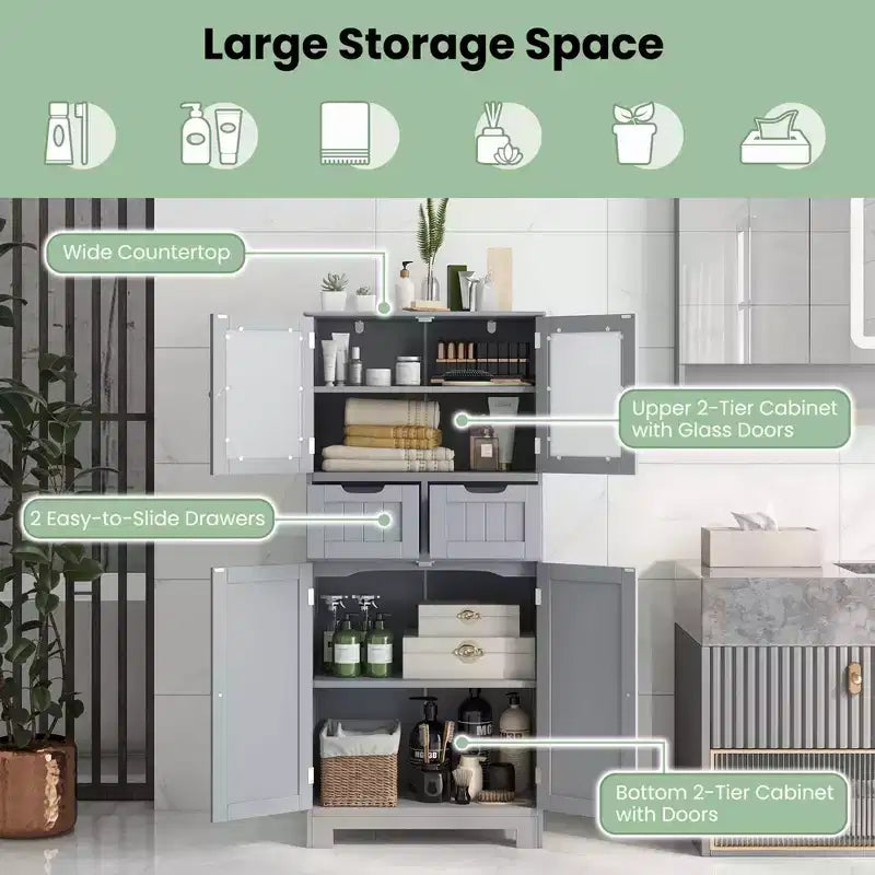 Mueble de Almacenamiento para Baño con 2 Cajones, Puertas de Vidrio, Blanco/Gris/Negro