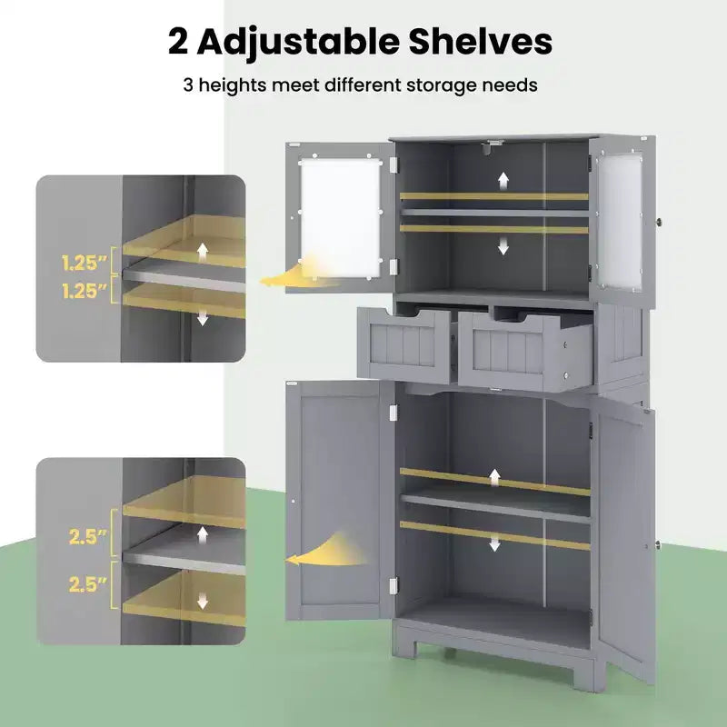 Mueble de Almacenamiento para Baño con 2 Cajones, Puertas de Vidrio, Blanco/Gris/Negro