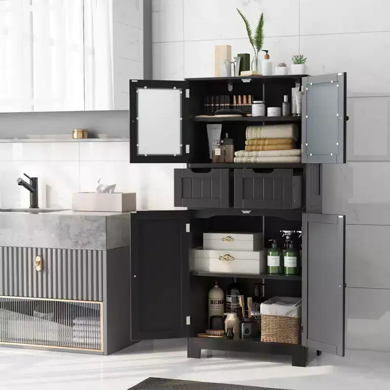 Mueble de Almacenamiento para Baño con 2 Cajones, Puertas de Vidrio, Blanco/Gris/Negro