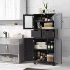 Mueble de Almacenamiento para Baño con 2 Cajones, Puertas de Vidrio, Blanco/Gris/Negro