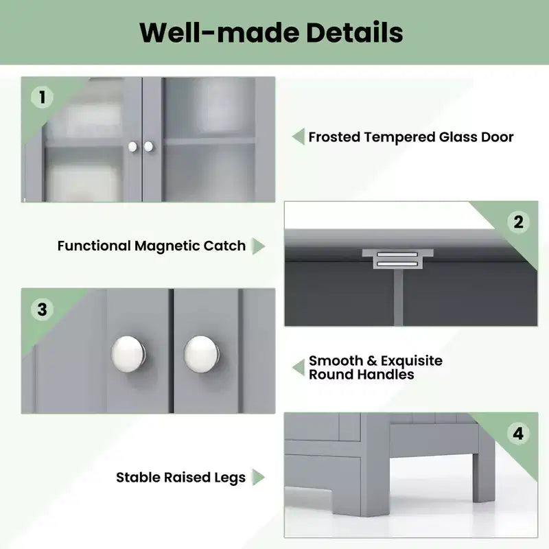Mueble de Almacenamiento para Baño con 2 Cajones, Puertas de Vidrio, Blanco/Gris/Negro