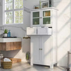 Mueble de Almacenamiento para Baño con 2 Cajones, Puertas de Vidrio, Blanco/Gris/Negro