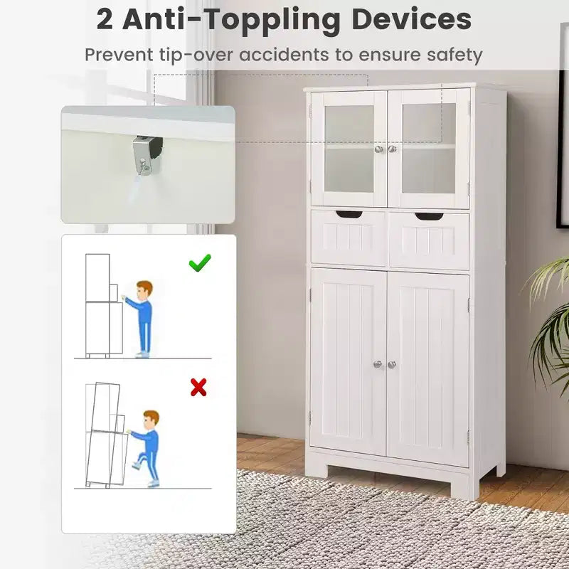 Mueble de Almacenamiento para Baño con 2 Cajones, Puertas de Vidrio, Blanco/Gris/Negro
