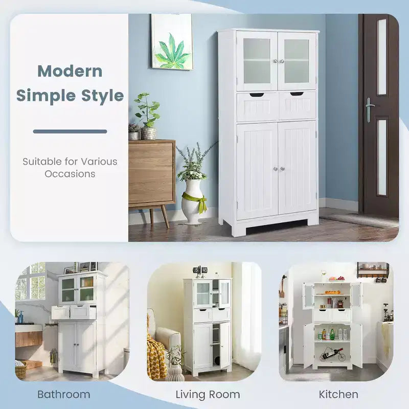 Mueble de Almacenamiento para Baño con 2 Cajones, Puertas de Vidrio, Blanco/Gris/Negro