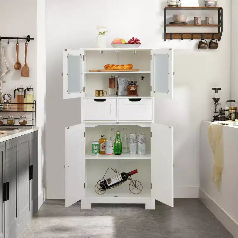 Mueble de Almacenamiento para Baño con 2 Cajones, Puertas de Vidrio, Blanco/Gris/Negro