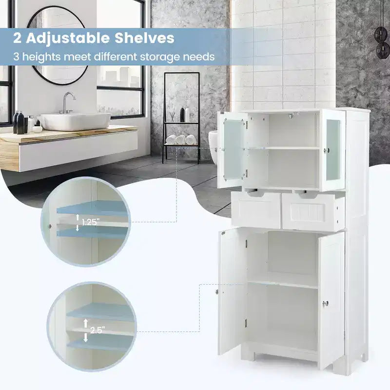 Mueble de Almacenamiento para Baño con 2 Cajones, Puertas de Vidrio, Blanco/Gris/Negro