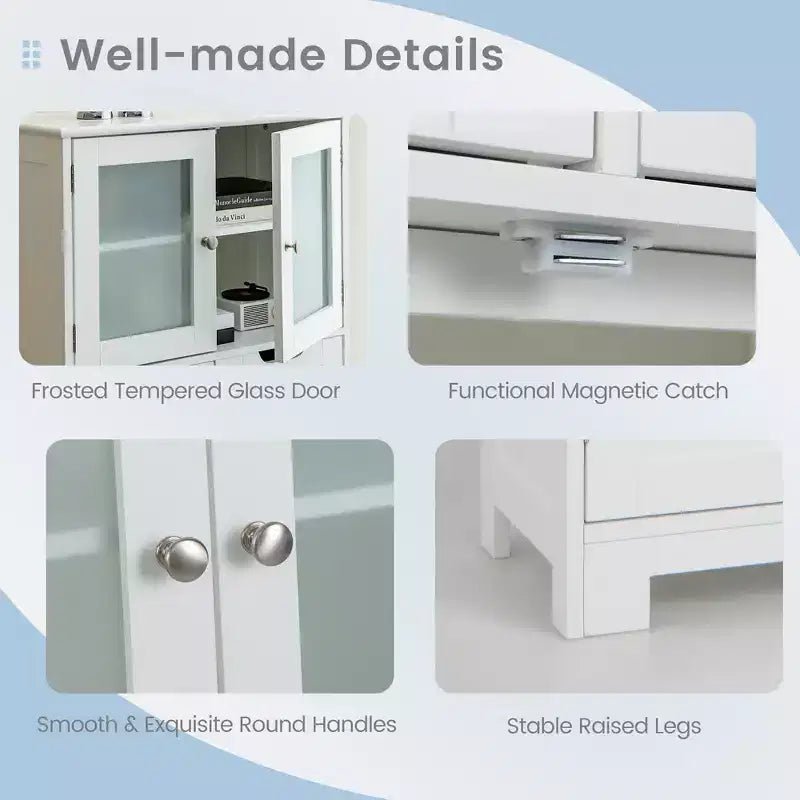 Mueble de Almacenamiento para Baño con 2 Cajones, Puertas de Vidrio, Blanco/Gris/Negro
