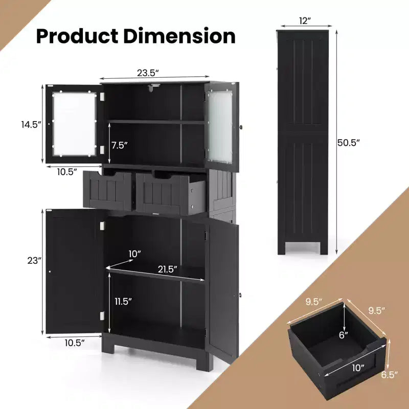 Mueble de Almacenamiento para Baño con 2 Cajones, Puertas de Vidrio, Blanco/Gris/Negro