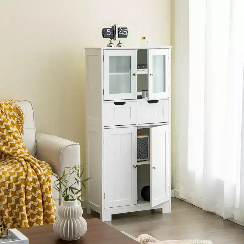 Mueble de Almacenamiento para Baño con 2 Cajones, Puertas de Vidrio, Blanco/Gris/Negro