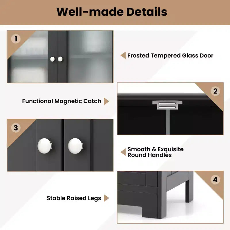 Mueble de Almacenamiento para Baño con 2 Cajones, Puertas de Vidrio, Blanco/Gris/Negro