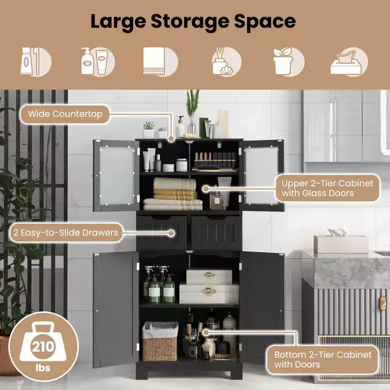 Mueble de Almacenamiento para Baño con 2 Cajones, Puertas de Vidrio, Blanco/Gris/Negro