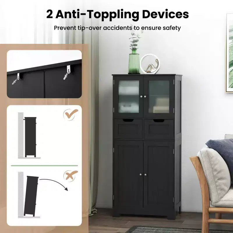 Mueble de Almacenamiento para Baño con 2 Cajones, Puertas de Vidrio, Blanco/Gris/Negro