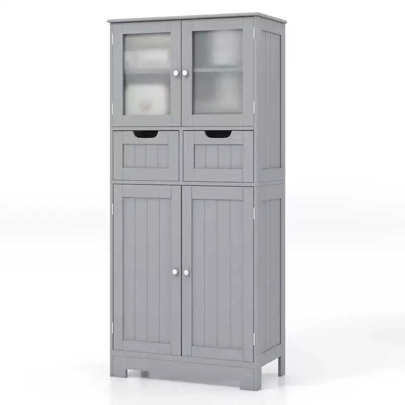 Mueble de Almacenamiento para Baño con 2 Cajones, Puertas de Vidrio, Blanco/Gris/Negro