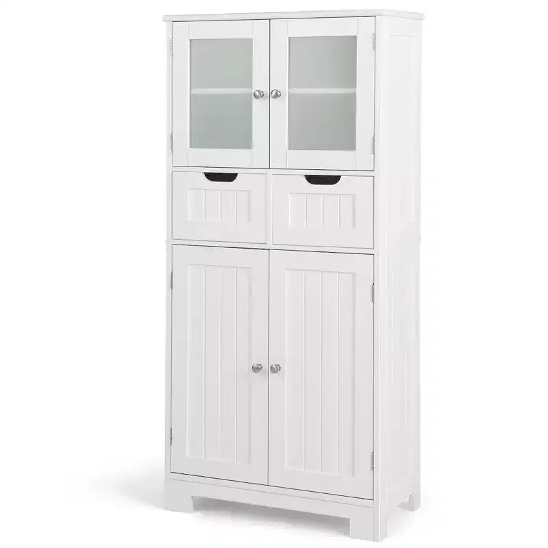 Mueble de Almacenamiento para Baño con 2 Cajones, Puertas de Vidrio, Blanco/Gris/Negro