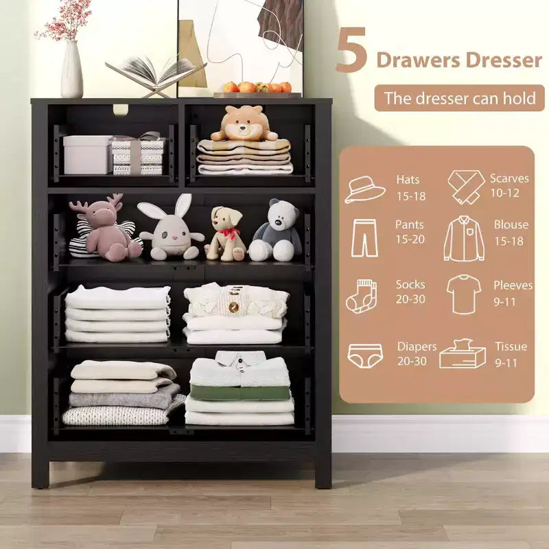 Cómoda alta de 5 cajones, organizador de almacenamiento de madera moderno para dormitorio, recibidor, pasillo, oficina en casa