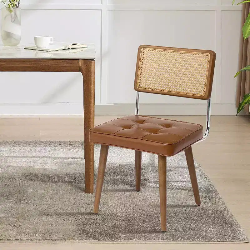 Mid Century Modern Dining Chairs, PU Upholstered Kitchen Chairs with Tall Rattan Back and Sturdy Wood Legs, Set of 1/2, Vintage Style