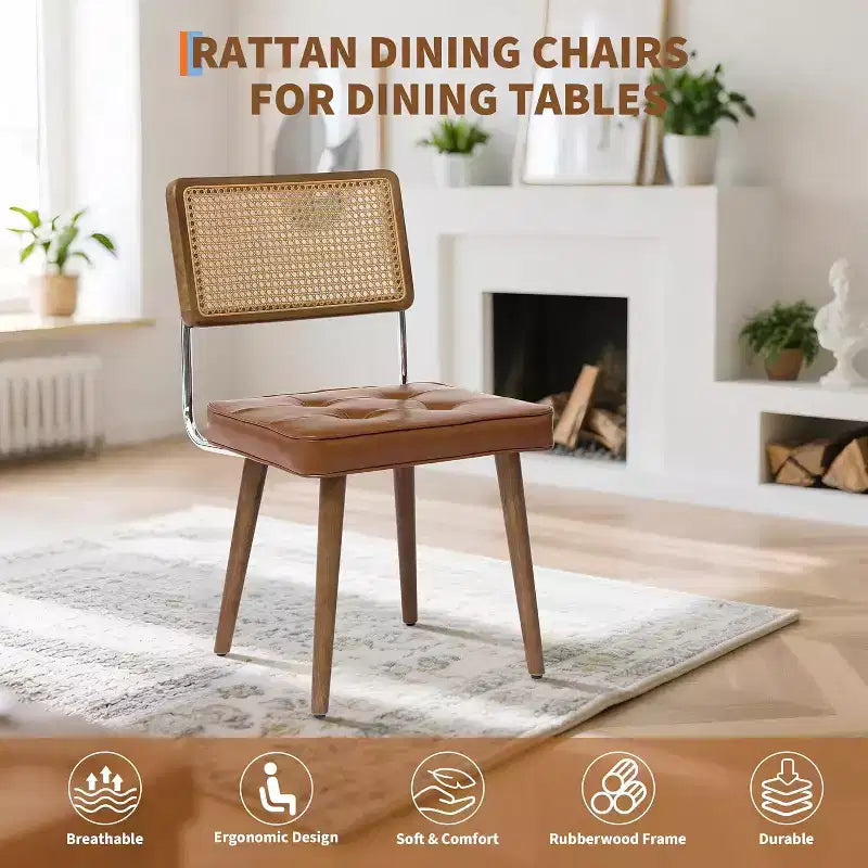 Sillas de comedor Mid Century Modern, sillas de cocina tapizadas en PU con respaldo alto de ratán y patas de madera resistentes, juego de 1/2, estilo vintage