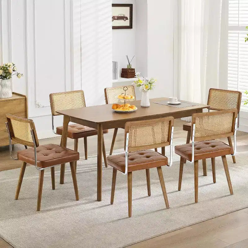 Sillas de comedor Mid Century Modern, sillas de cocina tapizadas en PU con respaldo alto de ratán y patas de madera resistentes, juego de 1/2, estilo vintage