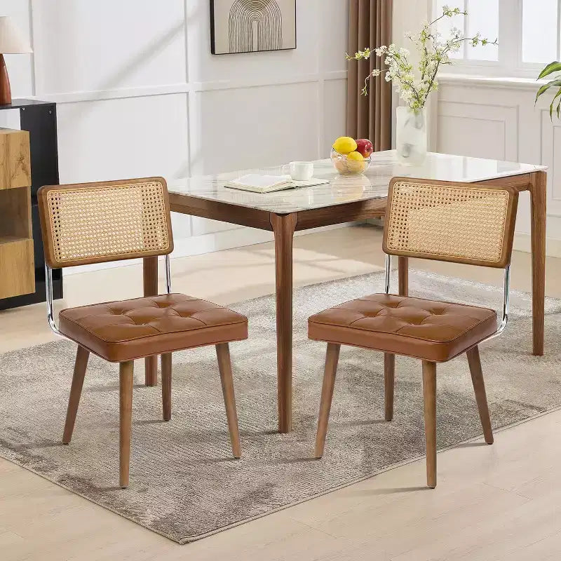 Sillas de comedor Mid Century Modern, sillas de cocina tapizadas en PU con respaldo alto de ratán y patas de madera resistentes, juego de 1/2, estilo vintage