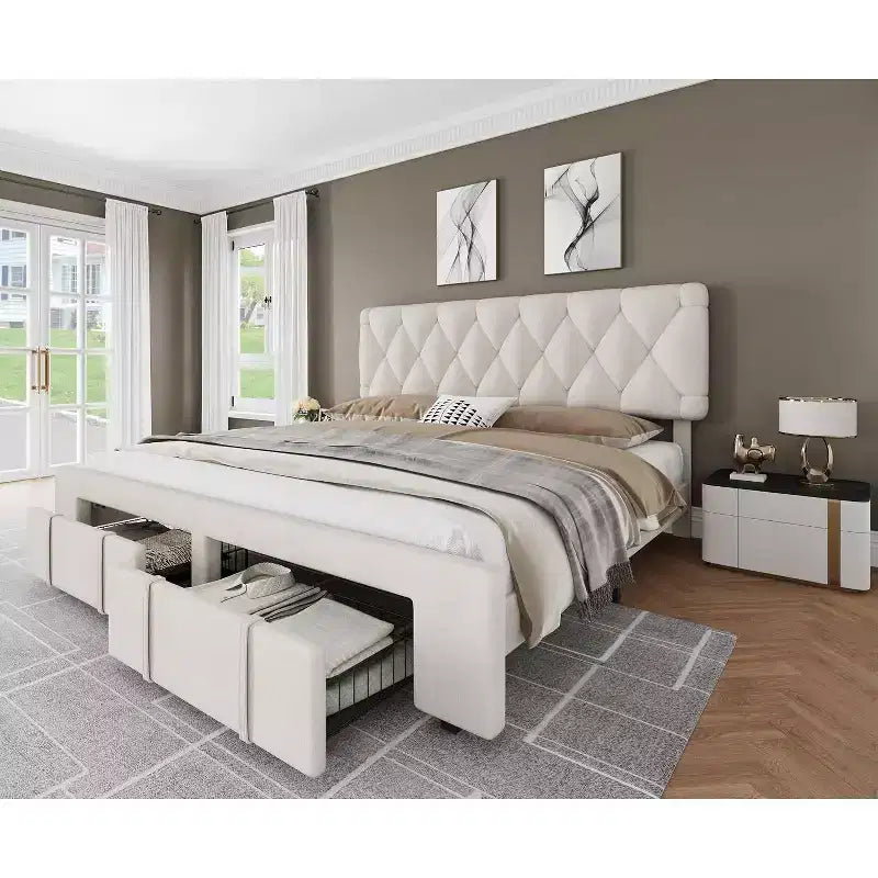 Full Bed Frame Modern Upholstered with Button Tufted Headboard - Noise Free Platform Bed with Storage Drawers, Wooden Slats, , White