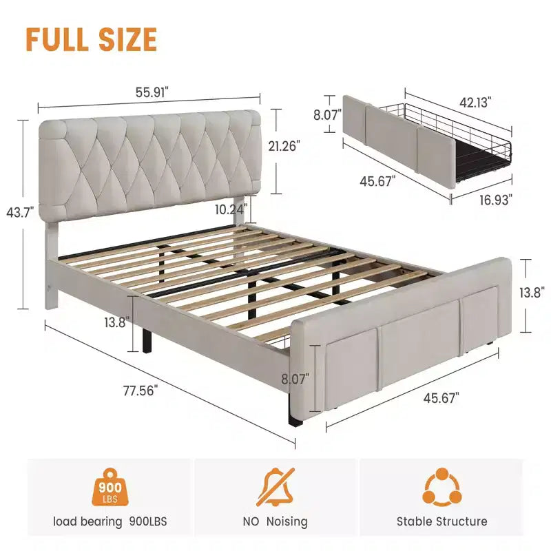 Base de cama matrimonial moderna tapizada con cabecero capitoné - Cama de plataforma sin ruido con cajones de almacenamiento, listones de madera, blanca