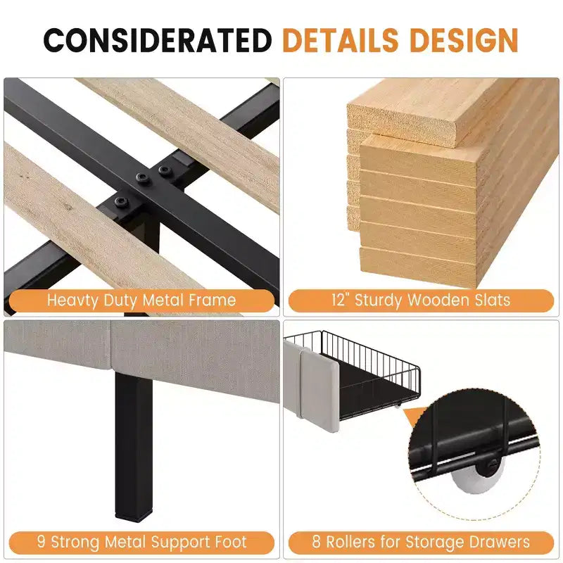 Base de cama matrimonial moderna tapizada con cabecero capitoné - Cama de plataforma sin ruido con cajones de almacenamiento, listones de madera, blanca