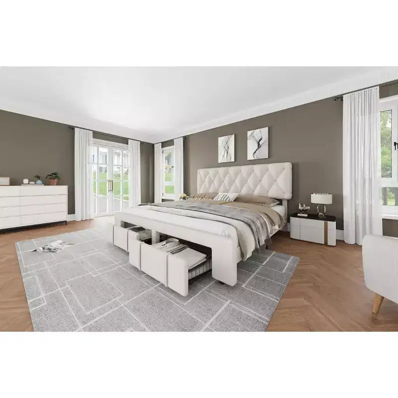 Base de cama matrimonial moderna tapizada con cabecero capitoné - Cama de plataforma sin ruido con cajones de almacenamiento, listones de madera, blanca