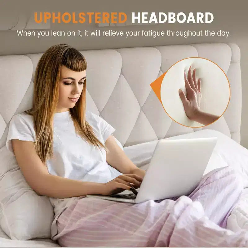 Base de cama matrimonial moderna tapizada con cabecero capitoné - Cama de plataforma sin ruido con cajones de almacenamiento, listones de madera, blanca