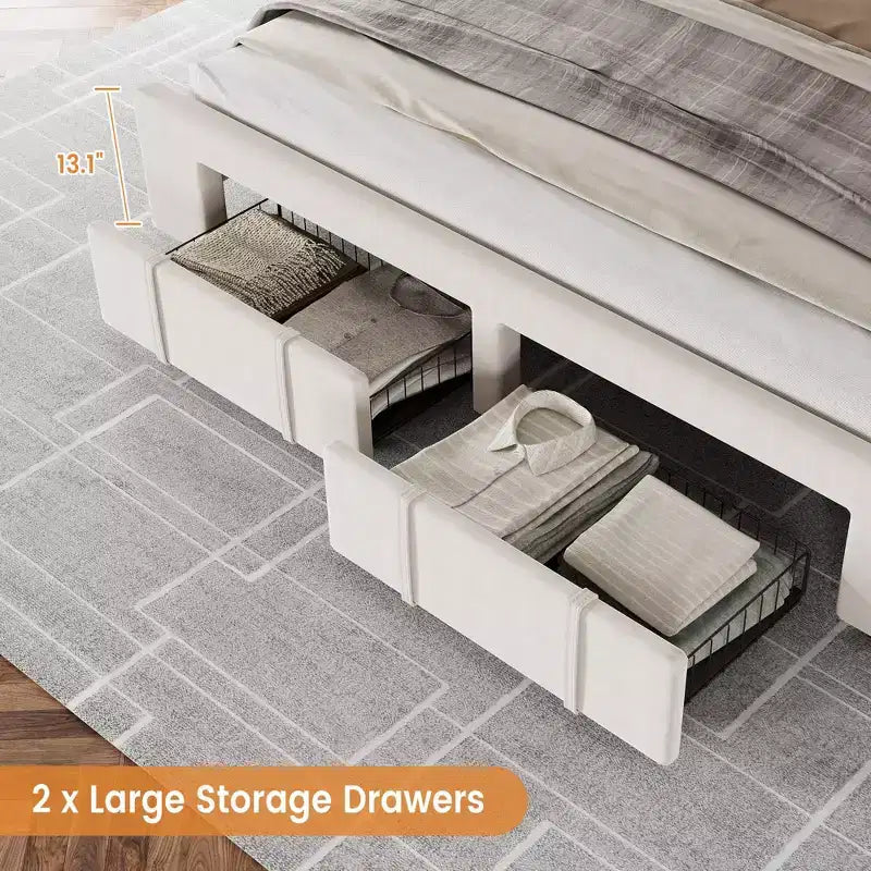 Base de cama matrimonial moderna tapizada con cabecero capitoné - Cama de plataforma sin ruido con cajones de almacenamiento, listones de madera, blanca