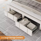 Base de cama matrimonial moderna tapizada con cabecero capitoné - Cama de plataforma sin ruido con cajones de almacenamiento, listones de madera, blanca