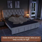 Base de cama matrimonial moderna tapizada con cabecero capitoné - Cama de plataforma sin ruido con cajones de almacenamiento, listones de madera, blanca