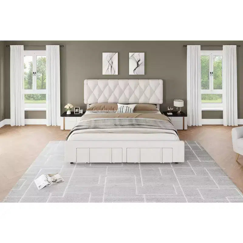 Base de cama matrimonial moderna tapizada con cabecero capitoné - Cama de plataforma sin ruido con cajones de almacenamiento, listones de madera, blanca