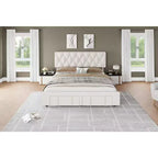 Base de cama matrimonial moderna tapizada con cabecero capitoné - Cama de plataforma sin ruido con cajones de almacenamiento, listones de madera, blanca