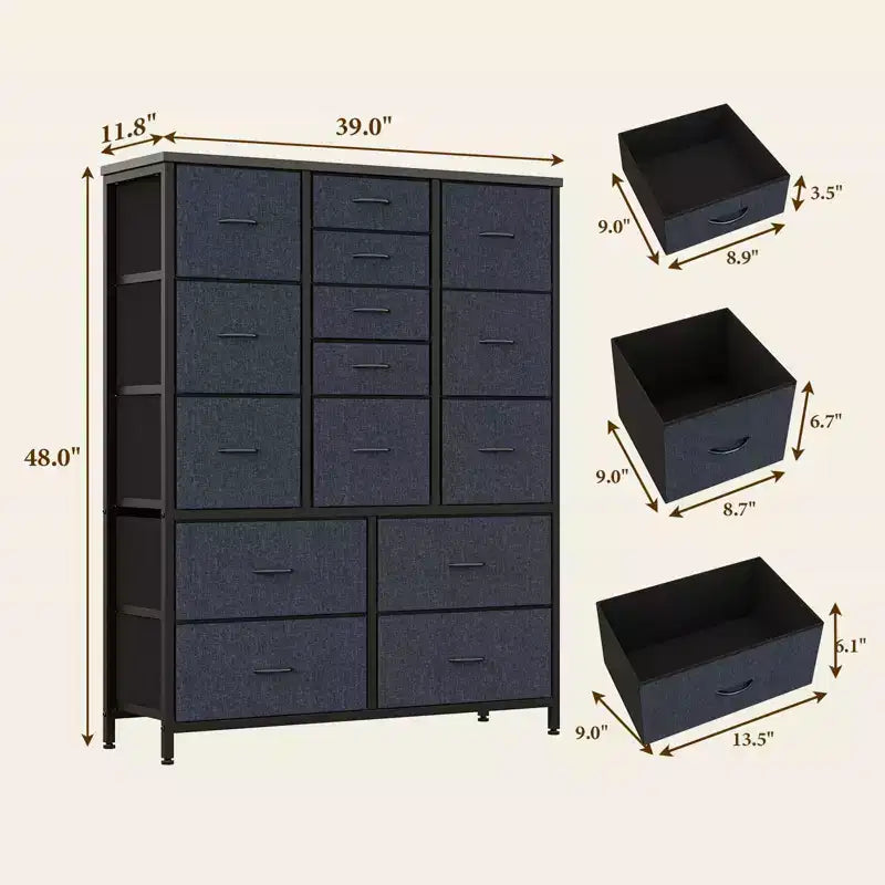 Cómoda de 15 cajones para dormitorio, Cómoda alta y sinfonieres, Cómodas de tela que ahorran espacio para armario, pasillo, sala de estar, gris