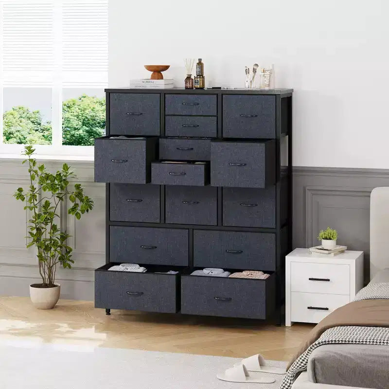 Cómoda de 15 cajones para dormitorio, Cómoda alta y sinfonieres, Cómodas de tela que ahorran espacio para armario, pasillo, sala de estar, gris